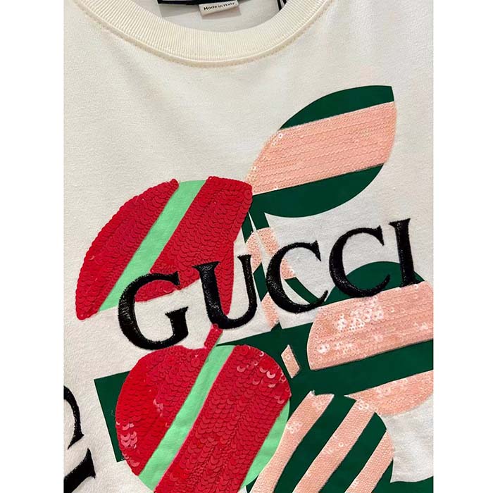 G*u*i women gg cotton jersey printed t-shirt off white cherry sequin embroidery