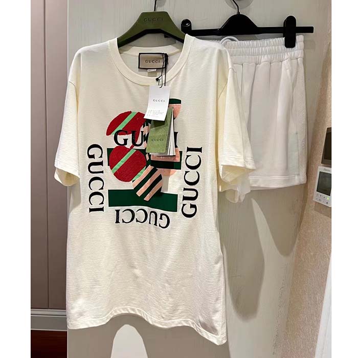 G*u*i women gg cotton jersey printed t-shirt off white cherry sequin embroidery