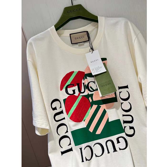 G*u*i women gg cotton jersey printed t-shirt off white cherry sequin embroidery