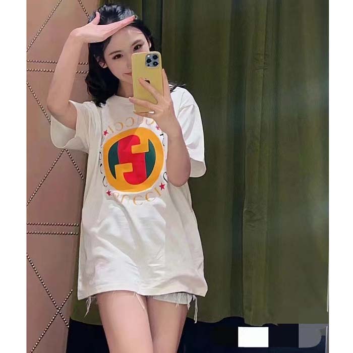G*u*i women gg cotton jersey printed t-shirt off white crewneck short sleeves
