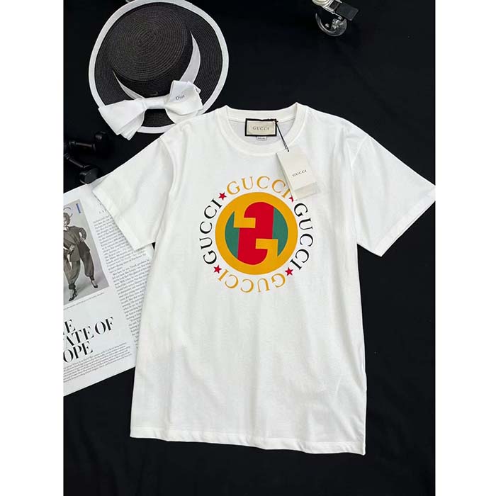 G*u*i women gg cotton jersey printed t-shirt off white crewneck short sleeves