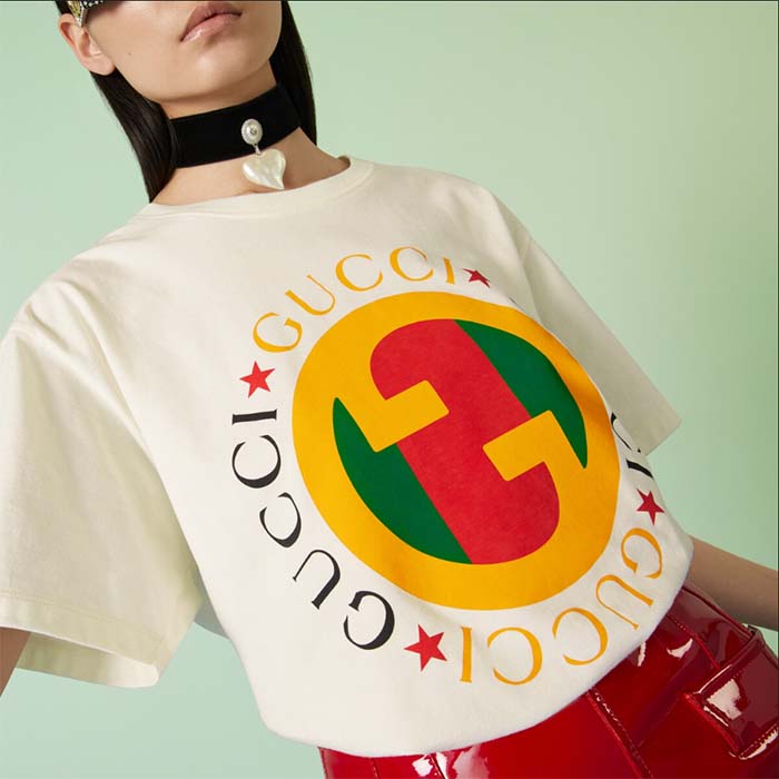 G*u*i women gg cotton jersey printed t-shirt off white crewneck short sleeves