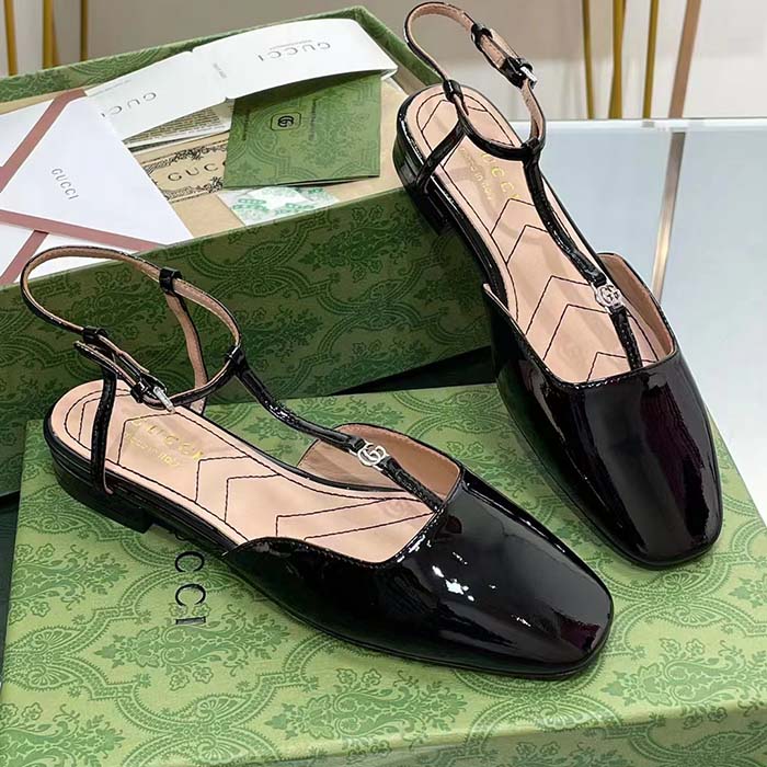 G*u*i women gg double g ballet flat black patent leather square toe