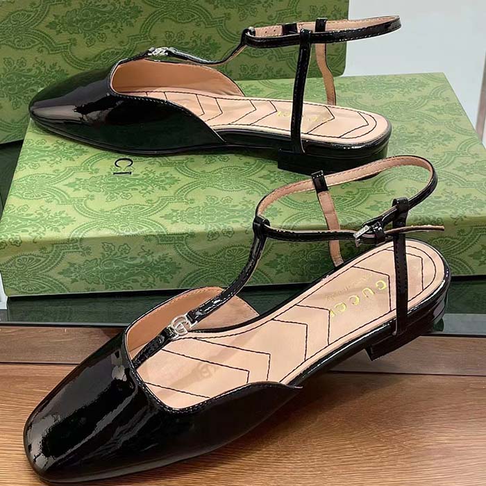 G*u*i women gg double g ballet flat black patent leather square toe