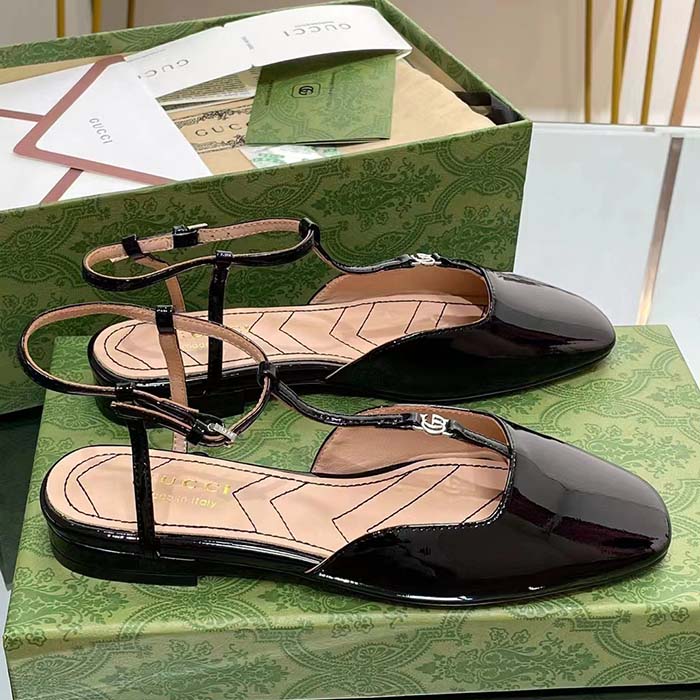 G*u*i women gg double g ballet flat black patent leather square toe