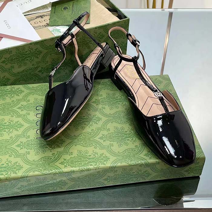 G*u*i women gg double g ballet flat black patent leather square toe