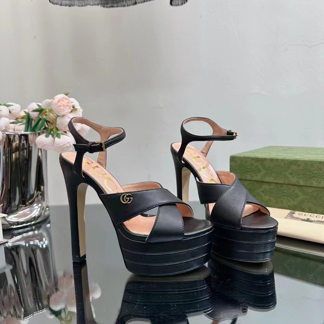 G*u*i women gg horsebit platform sandal black leather double g high 13 cm heel