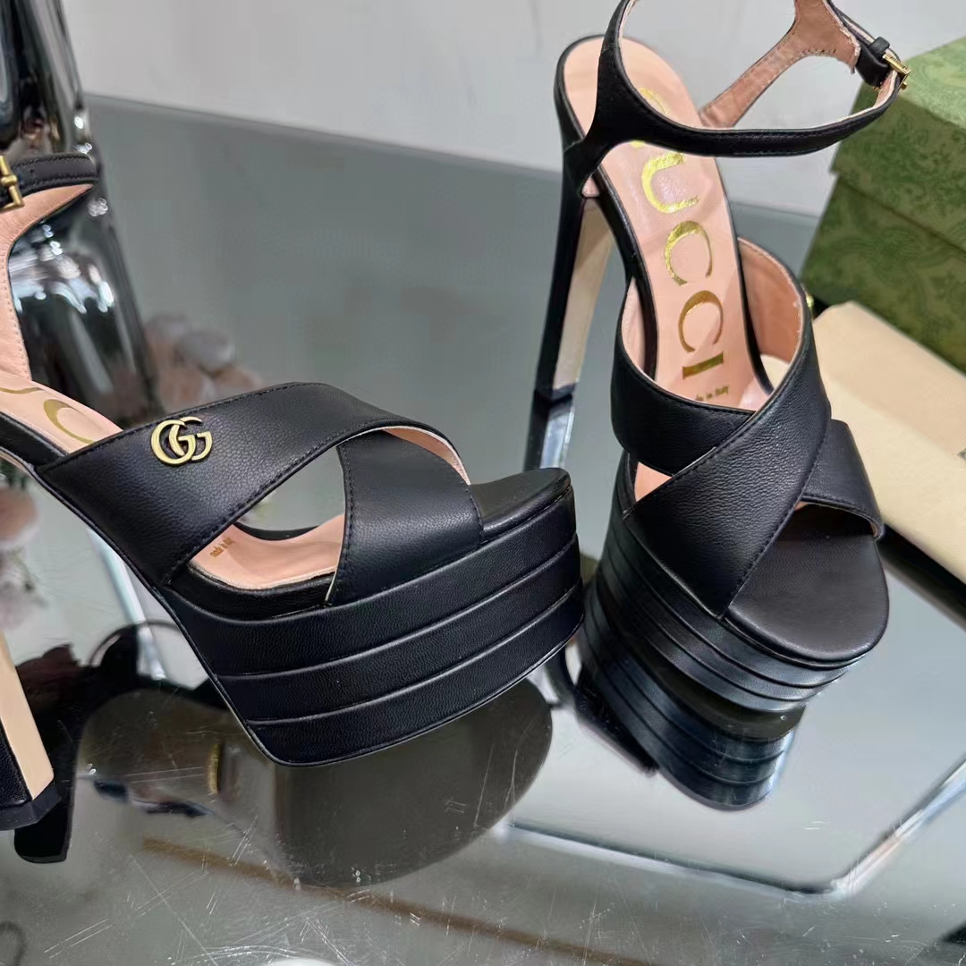 G*u*i women gg horsebit platform sandal black leather double g high 13 cm heel