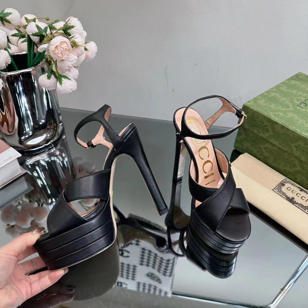 G*u*i women gg horsebit platform sandal black leather double g high 13 cm heel