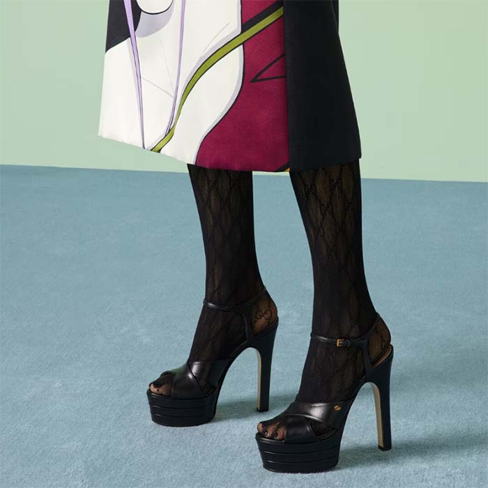 G*u*i women gg horsebit platform sandal black leather double g high 13 cm heel