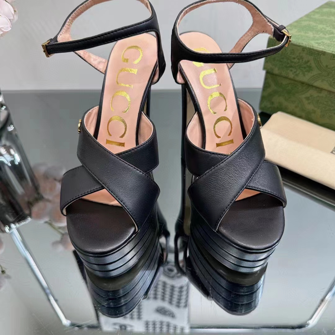 G*u*i women gg horsebit platform sandal black leather double g high 13 cm heel