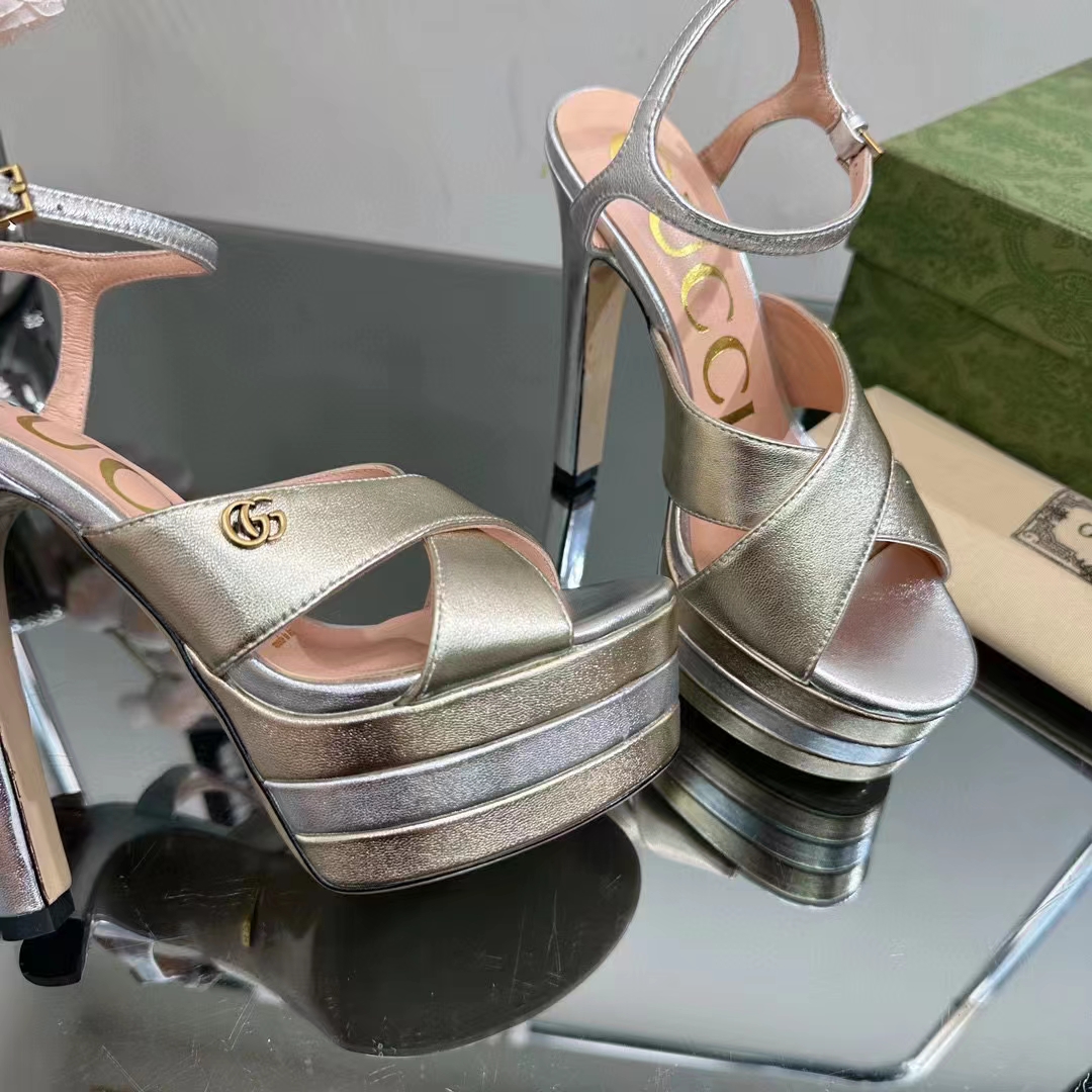 G*u*i women gg horsebit platform sandal gold silver metallic leather high 13 cm heel