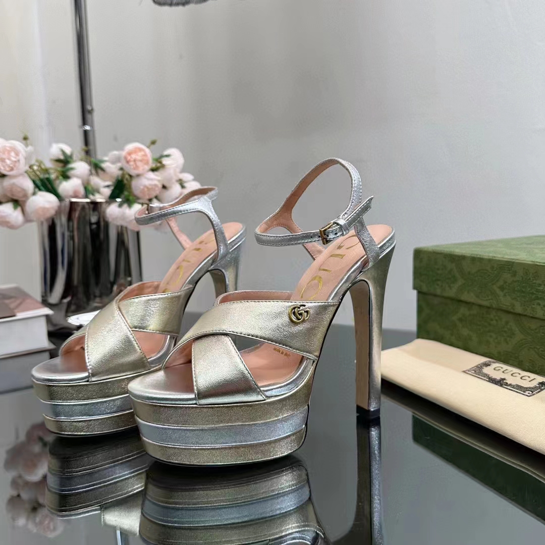 G*u*i women gg horsebit platform sandal gold silver metallic leather high 13 cm heel