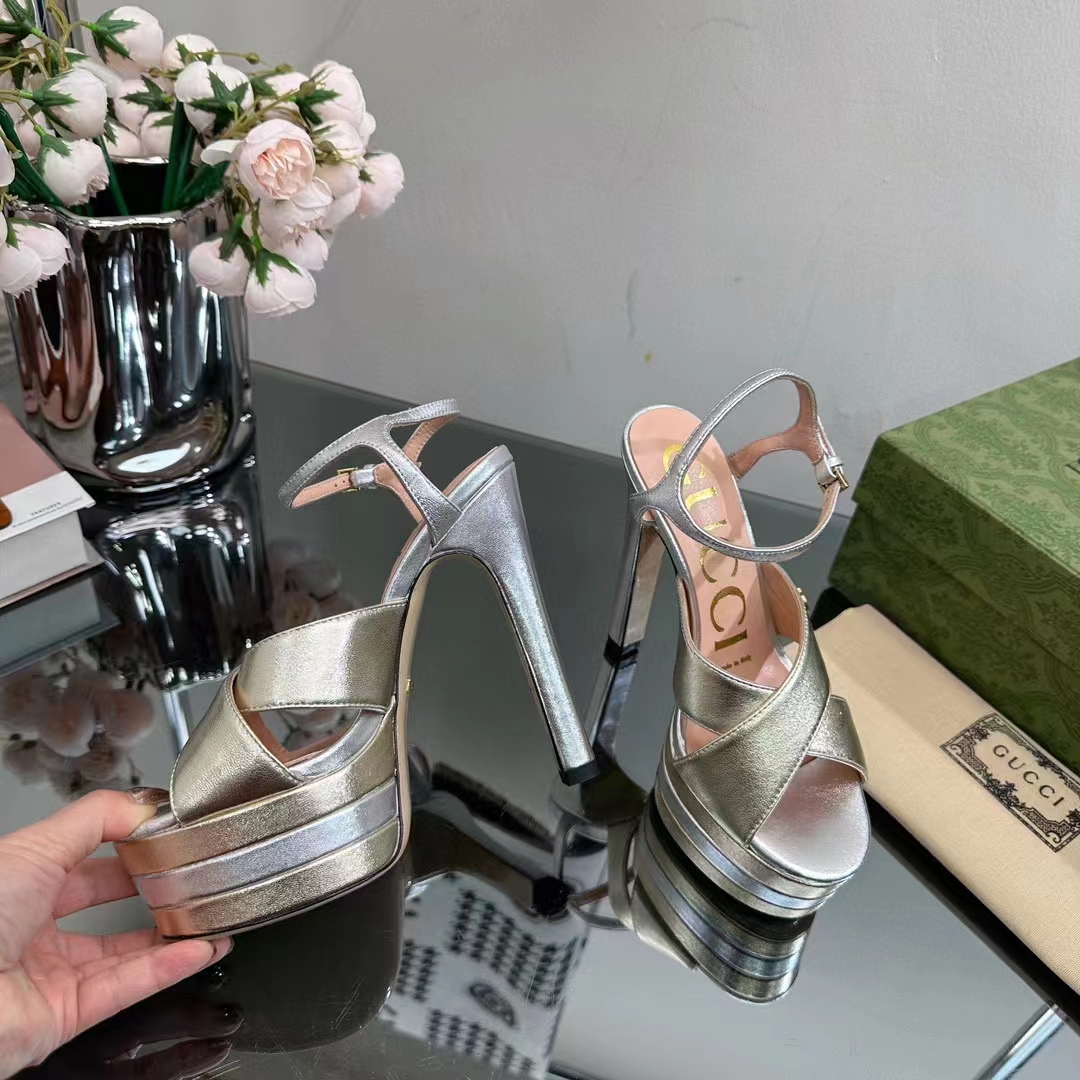 G*u*i women gg horsebit platform sandal gold silver metallic leather high 13 cm heel