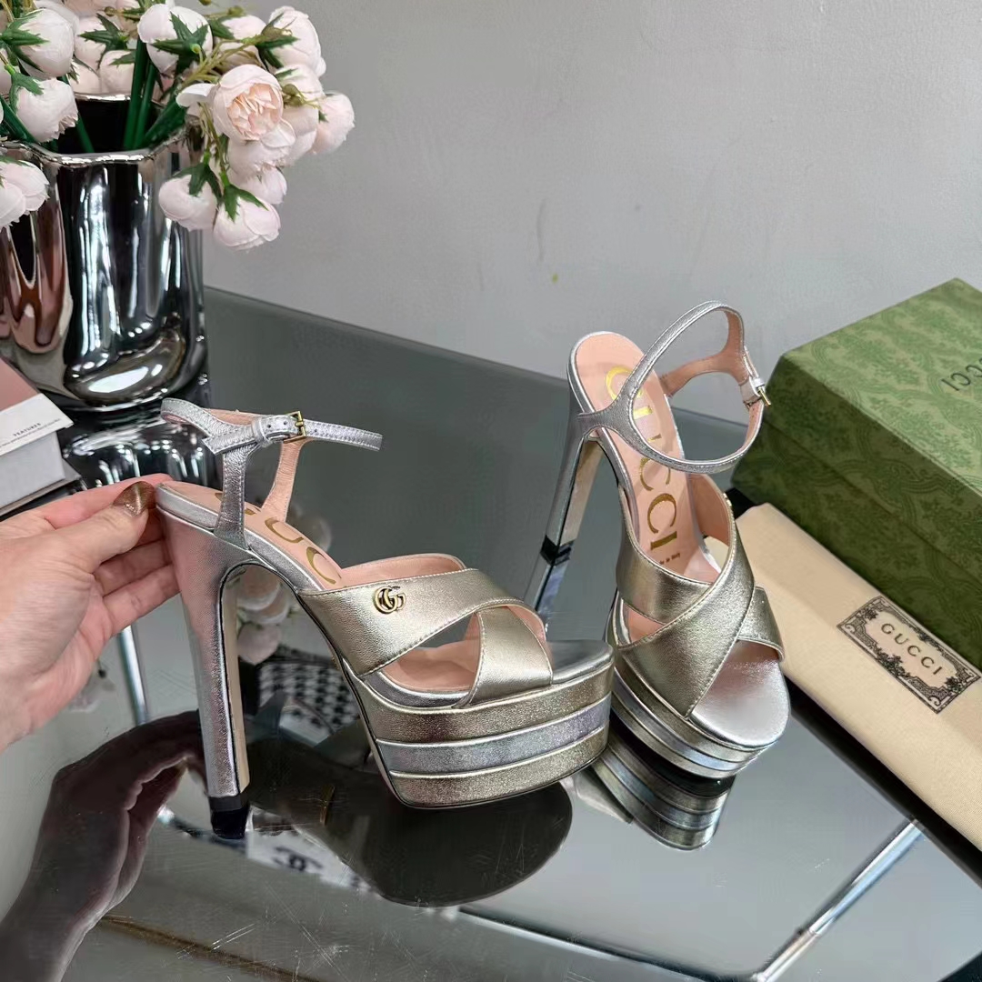 G*u*i women gg horsebit platform sandal gold silver metallic leather high 13 cm heel