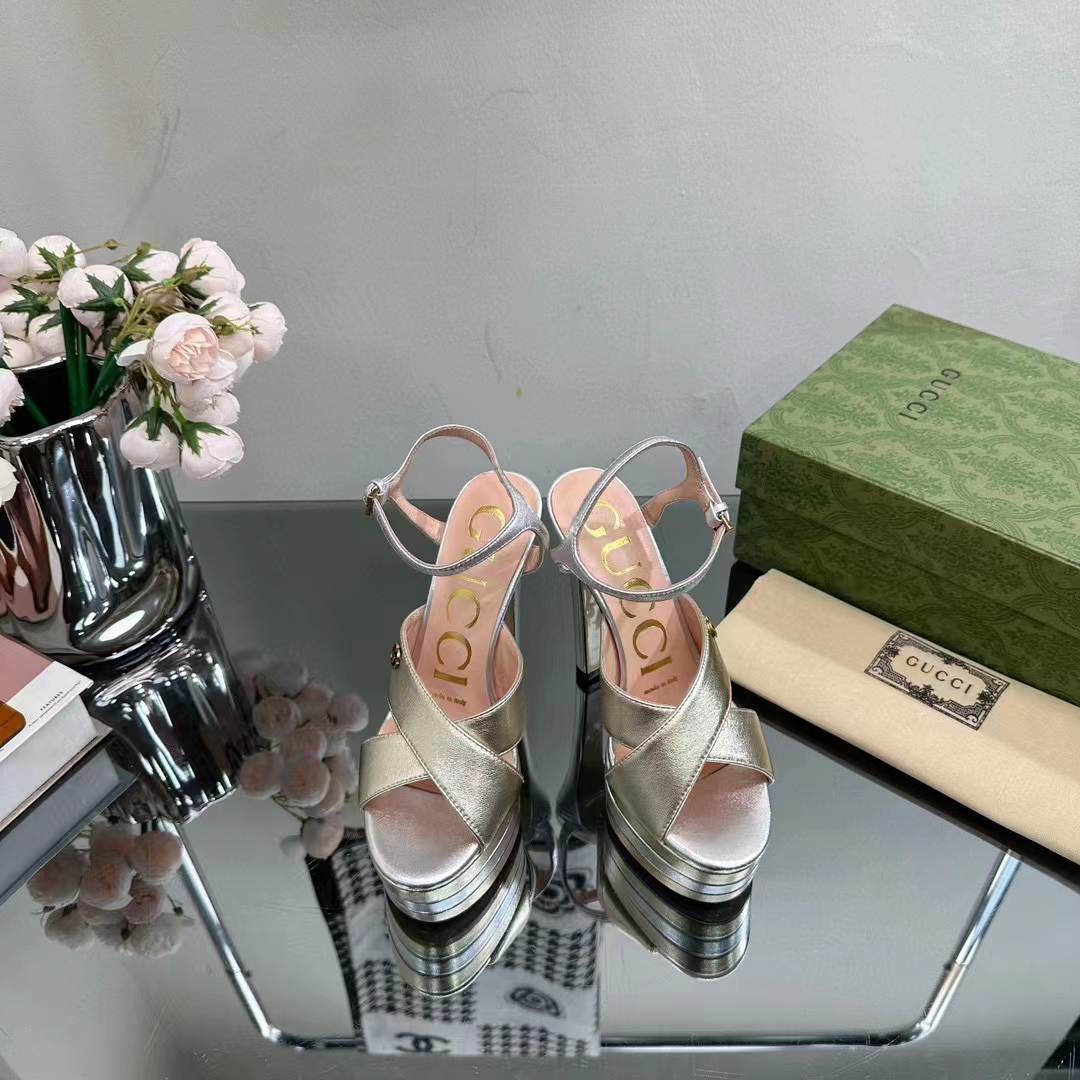 G*u*i women gg horsebit platform sandal gold silver metallic leather high 13 cm heel