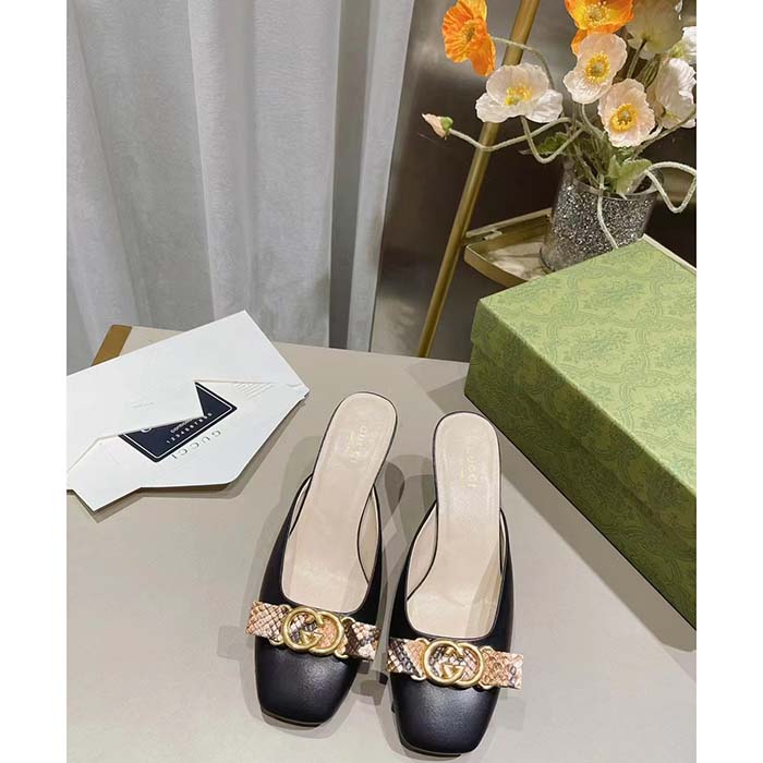 G*u*i women gg interlocking g mule black leather square toe leather mid-heel