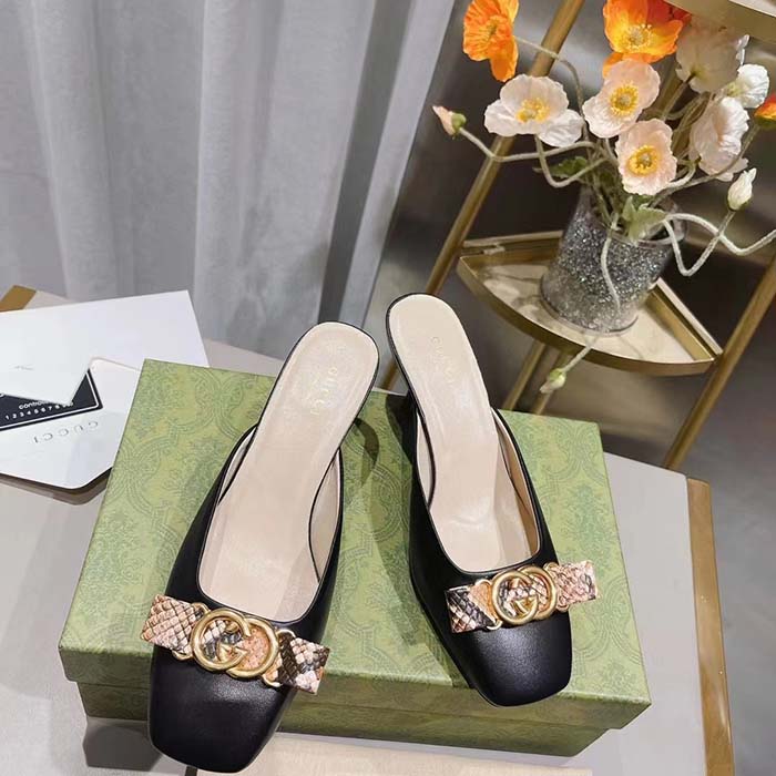 G*u*i women gg interlocking g mule black leather square toe leather mid-heel