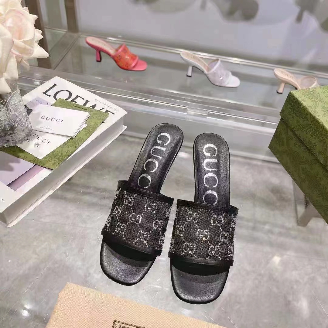 G*u*i women gg mid heel slide sandal black gg crystal mesh 7.6 cm heel
