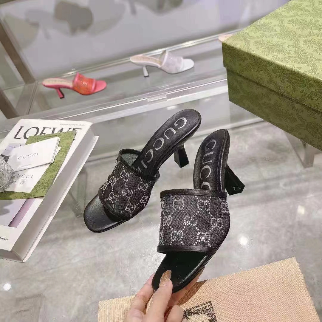 G*u*i women gg mid heel slide sandal black gg crystal mesh 7.6 cm heel