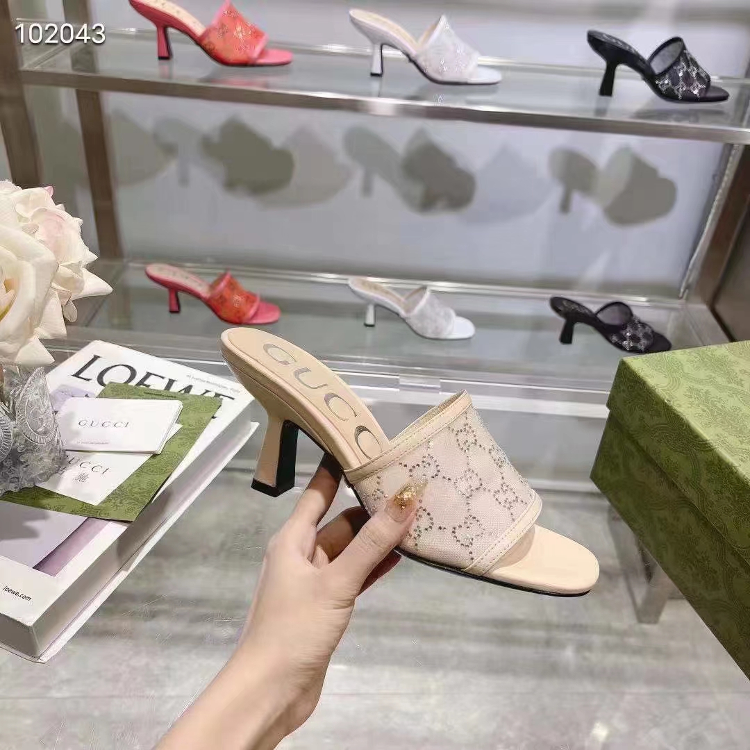G*u*i women gg mid heel slide sandal rose beige gg crystal mesh 7.6 cm heel