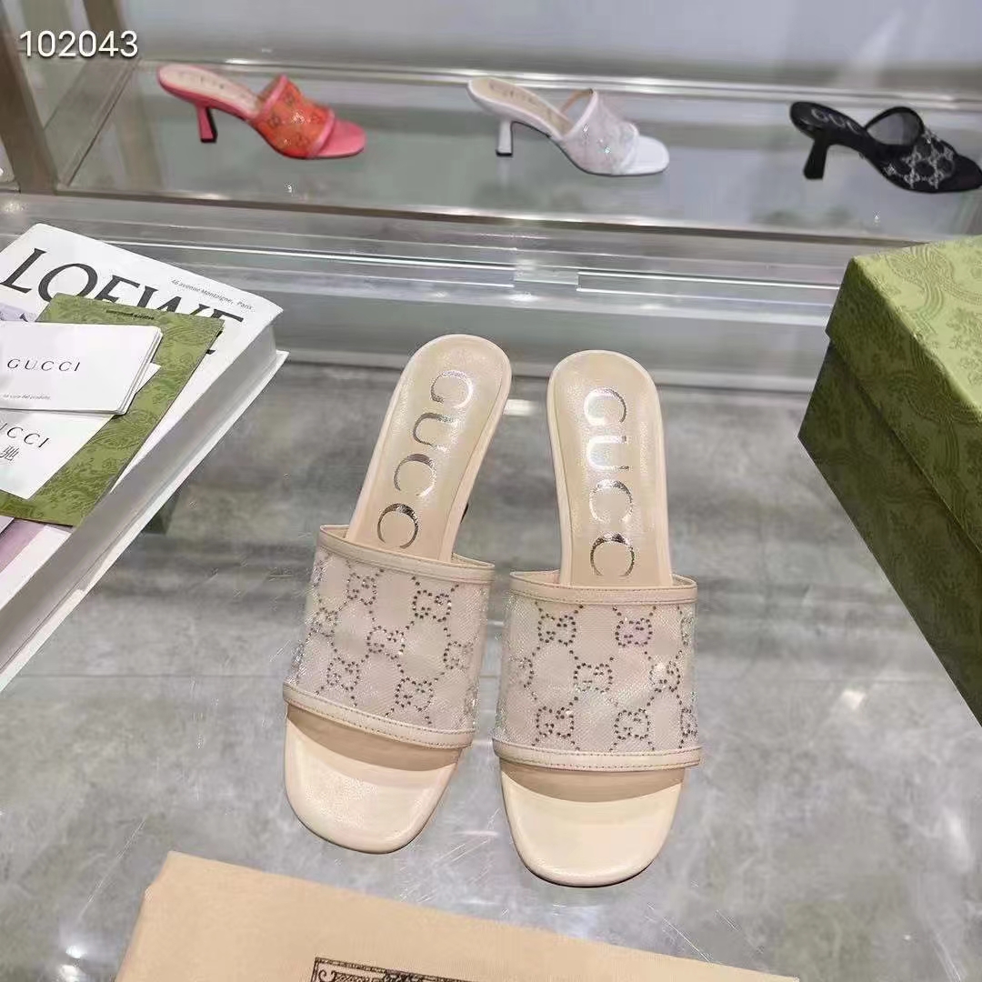 G*u*i women gg mid heel slide sandal rose beige gg crystal mesh 7.6 cm heel