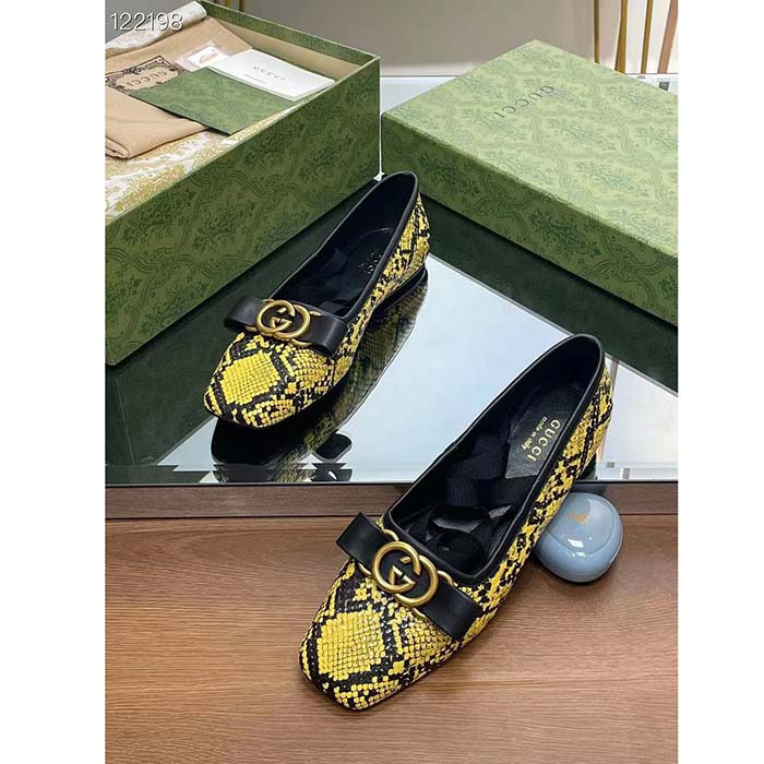 G*u*i women gg python ballet flat yellow black leather interlocking g black leather bow