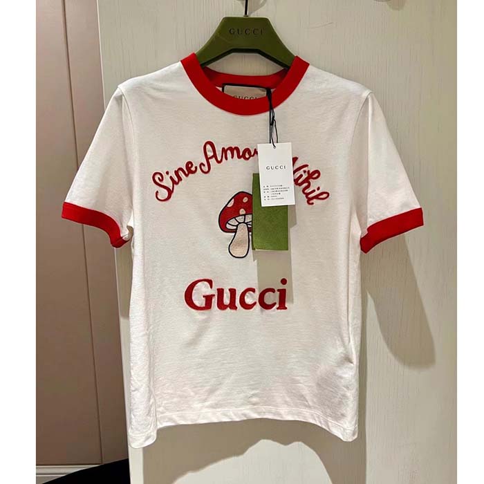 G*u*i women gg sine amore nihil’ cotton jersey t-shirt off white mushroom embroidery