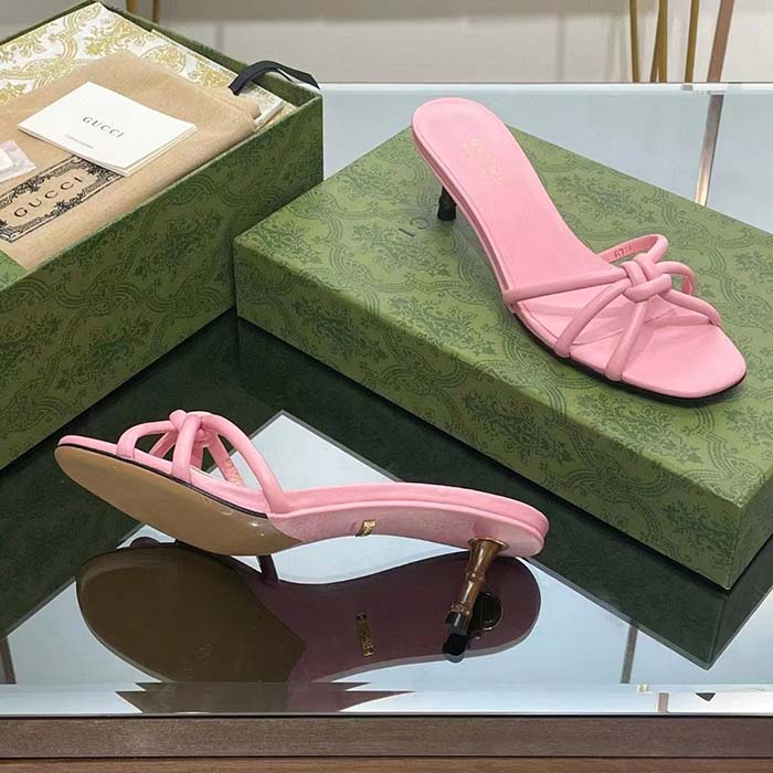 G*u*i women gg slide sandal bamboo pink leather bamboo low heel