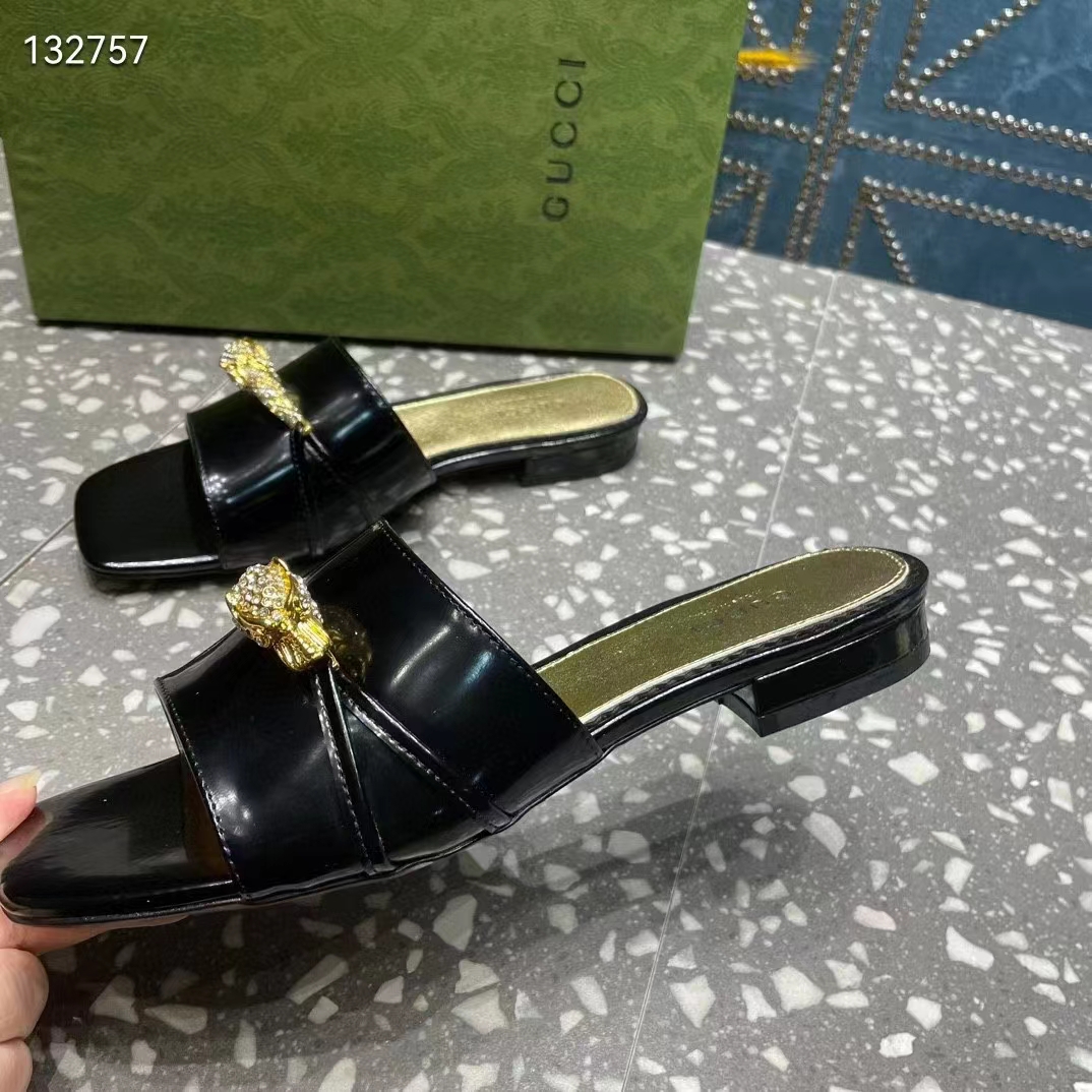 G*u*i women gg slide sandal tiger head black patent leather flat