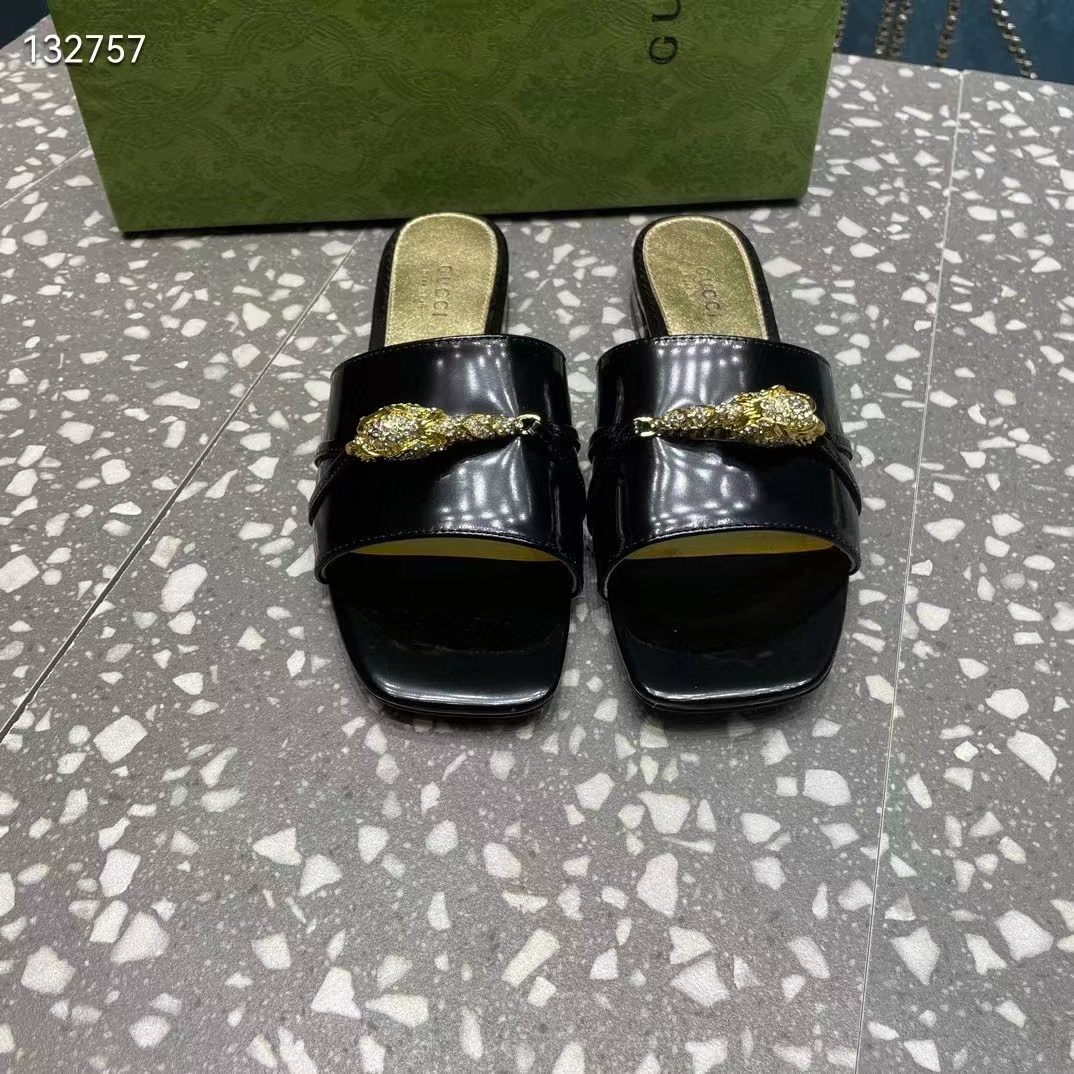 G*u*i women gg slide sandal tiger head black patent leather flat