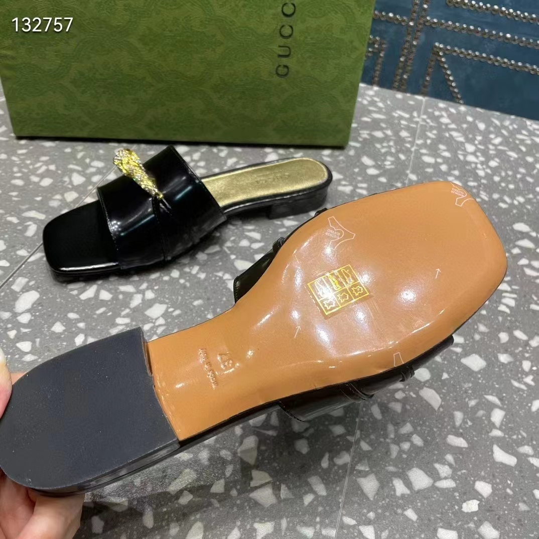 G*u*i women gg slide sandal tiger head black patent leather flat