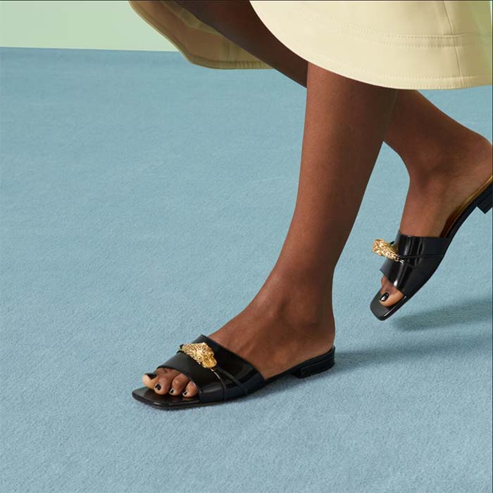 G*u*i women gg slide sandal tiger head black patent leather flat