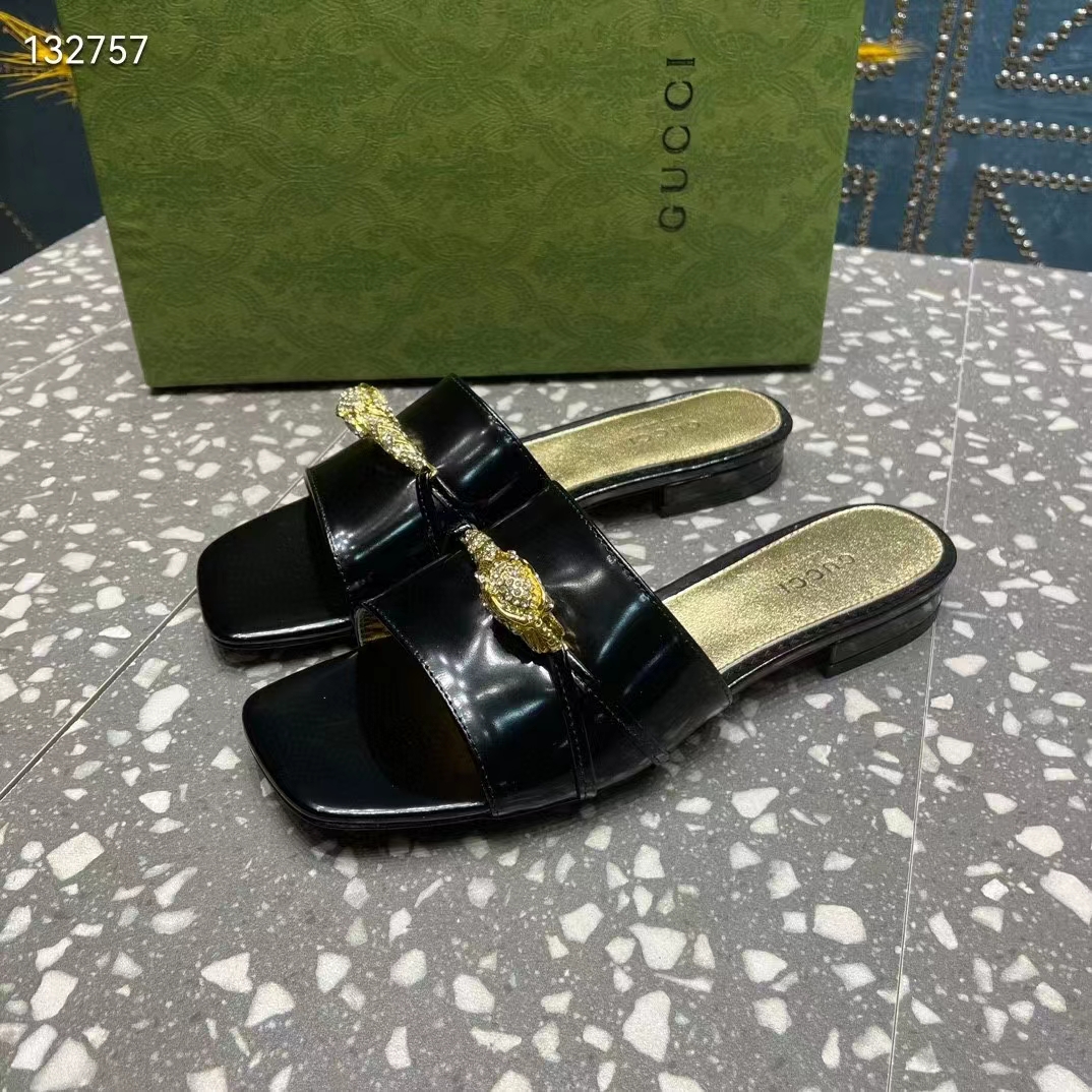 G*u*i women gg slide sandal tiger head black patent leather flat