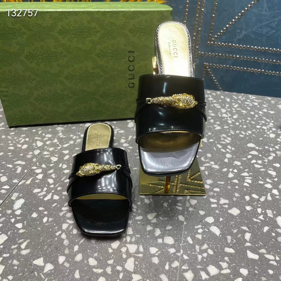 G*u*i women gg slide sandal tiger head black patent leather flat