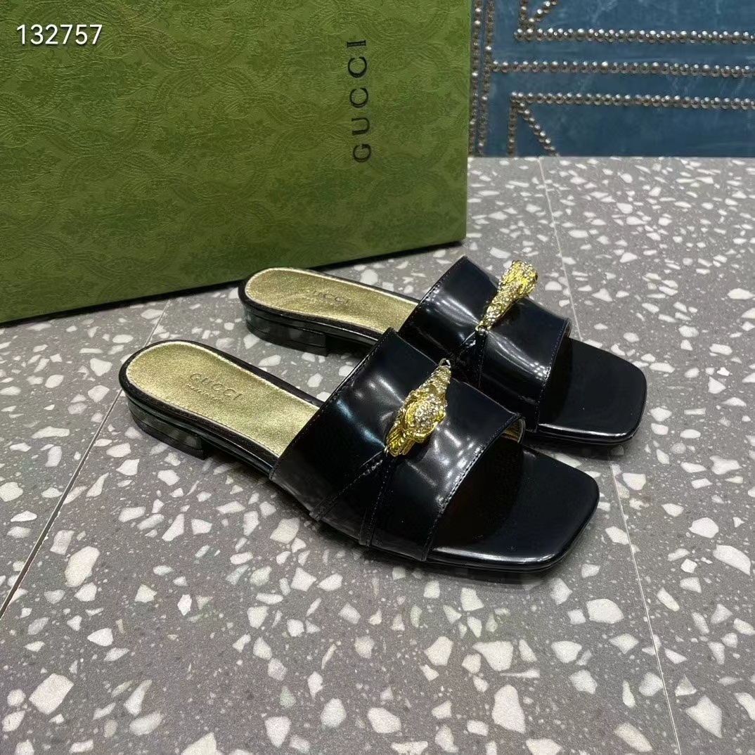 G*u*i women gg slide sandal tiger head black patent leather flat