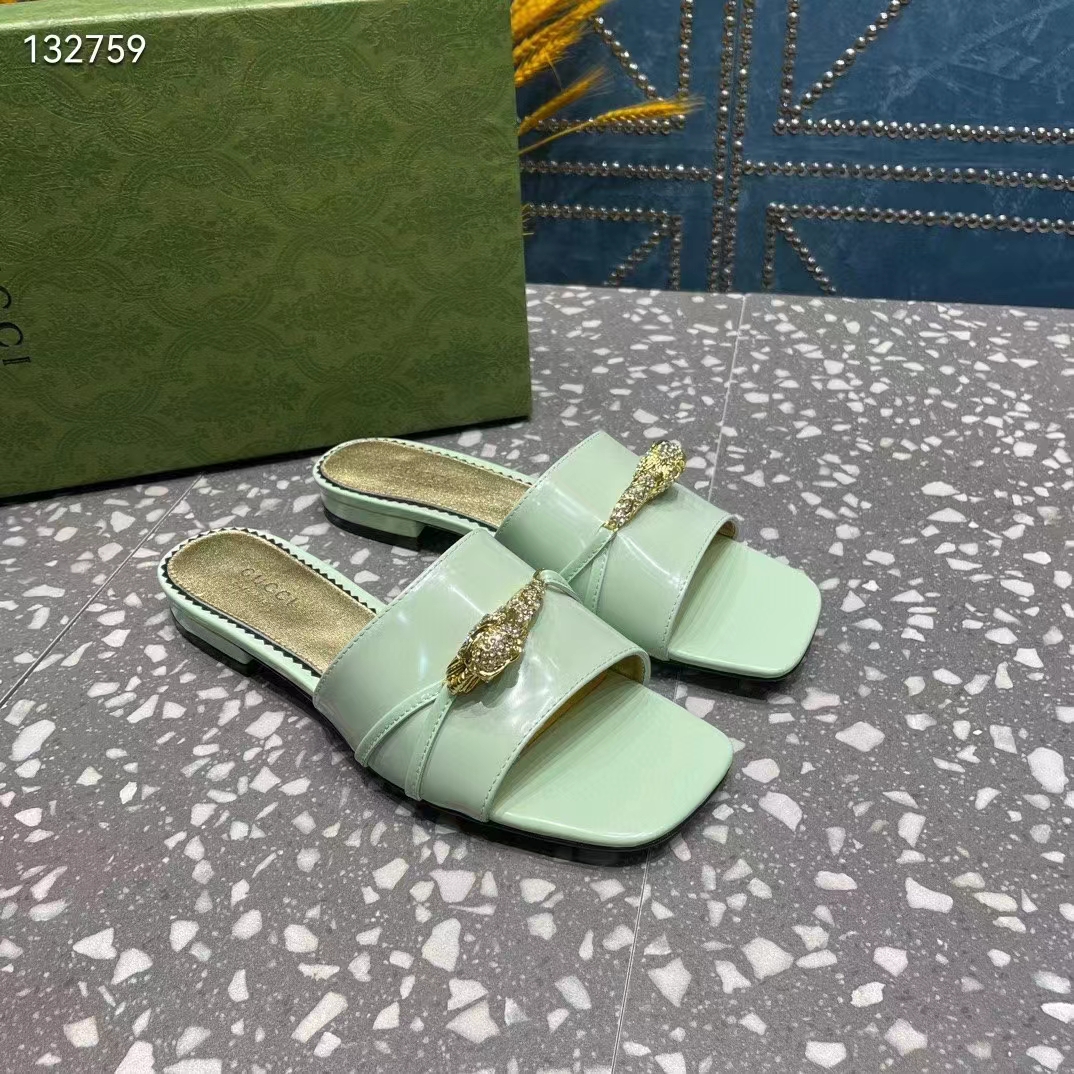G*u*i women gg slide sandal tiger head light green leather flat