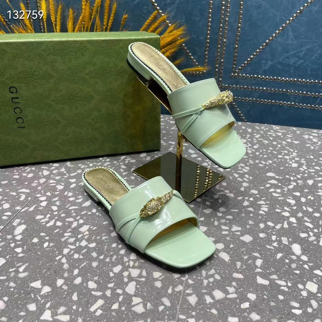 G*u*i women gg slide sandal tiger head light green leather flat