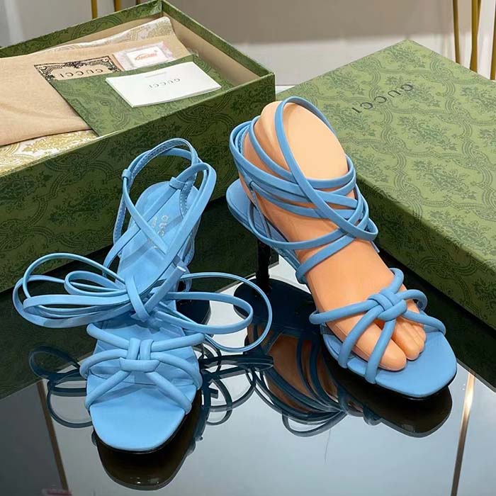 G*u*i women gg strappy sandal bamboo pastel blue leather bamboo low heel