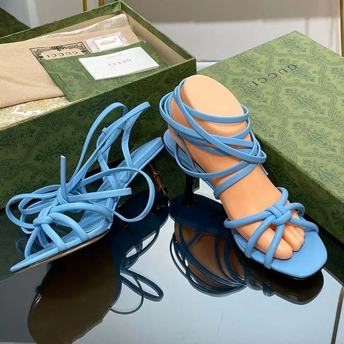 G*u*i women gg strappy sandal bamboo pastel blue leather bamboo low heel
