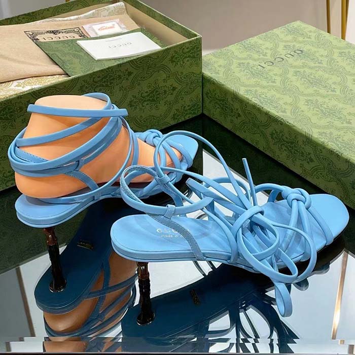 G*u*i women gg strappy sandal bamboo pastel blue leather bamboo low heel