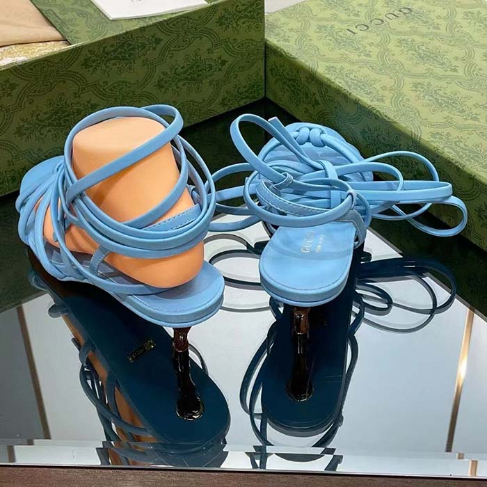 G*u*i women gg strappy sandal bamboo pastel blue leather bamboo low heel