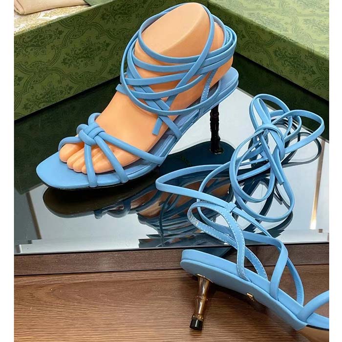G*u*i women gg strappy sandal bamboo pastel blue leather bamboo low heel