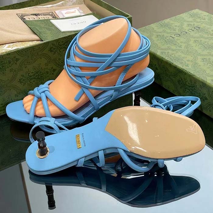 G*u*i women gg strappy sandal bamboo pastel blue leather bamboo low heel