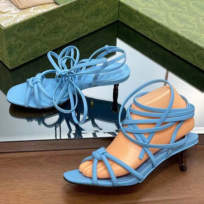 G*u*i women gg strappy sandal bamboo pastel blue leather bamboo low heel