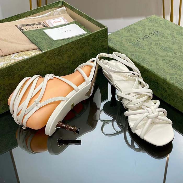 G*u*i women gg strappy sandal bamboo white leather bamboo low heel