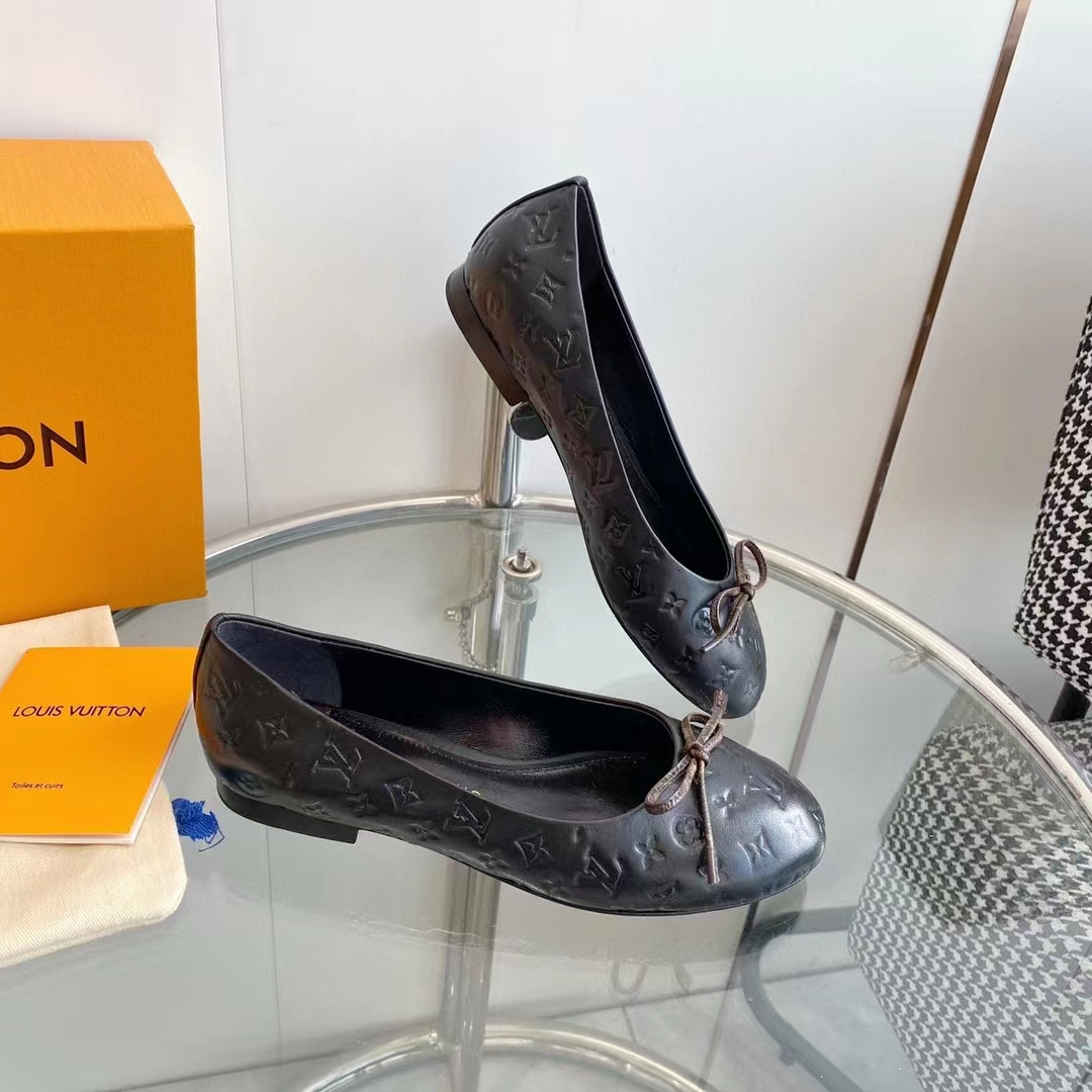 Louis Vuitton LV Women Nina Flat Ballerina Black Monogram Embossed Calf Leather Canvas Bow