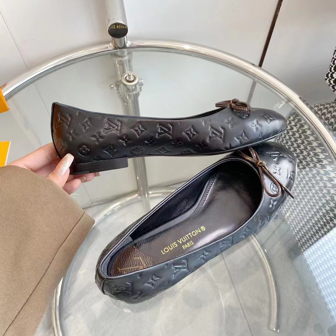 Louis Vuitton LV Women Nina Flat Ballerina Black Monogram Embossed Calf Leather Canvas Bow