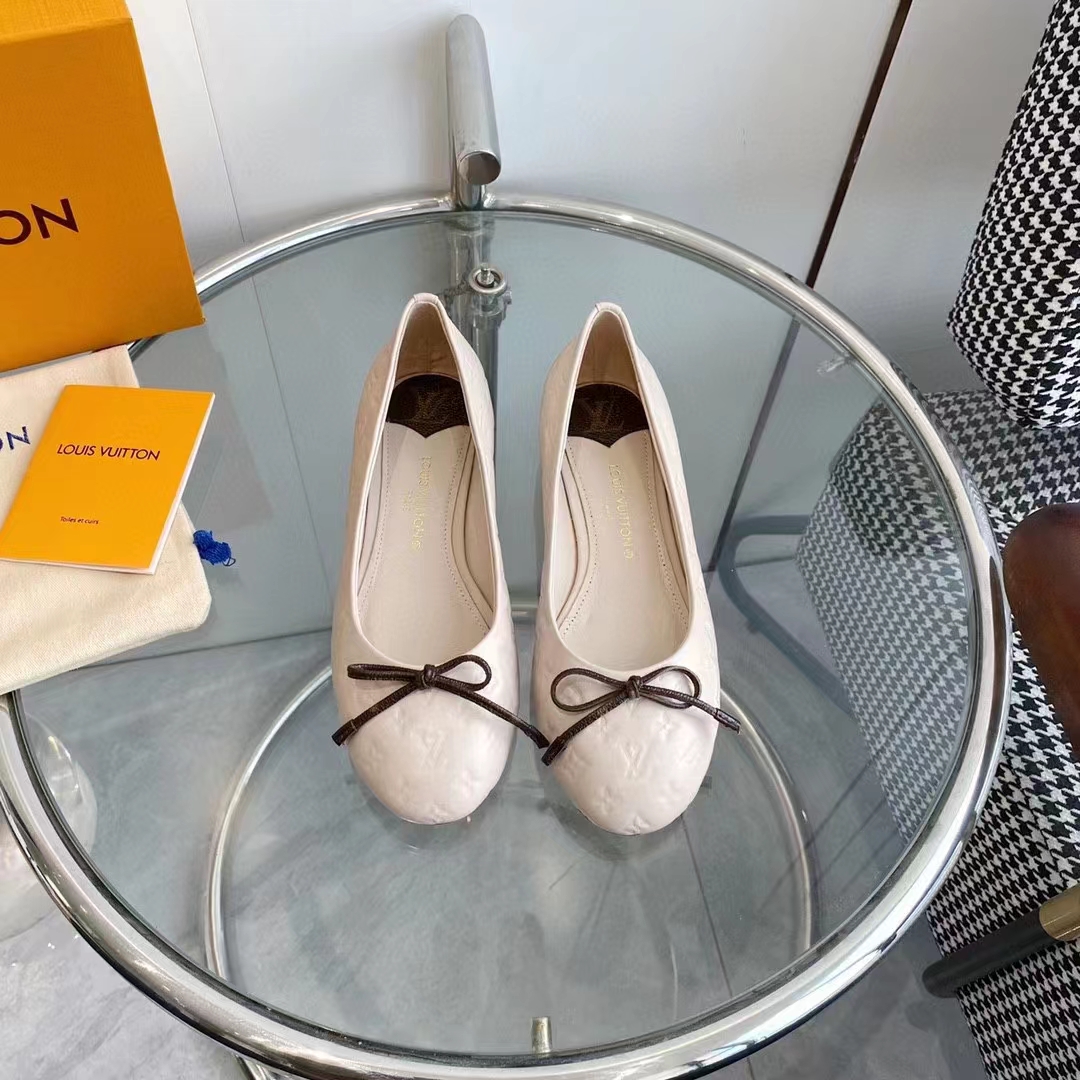 Louis Vuitton LV Women Nina Flat Ballerina Nude Pink Monogram Embossed Calf Leather Bow
