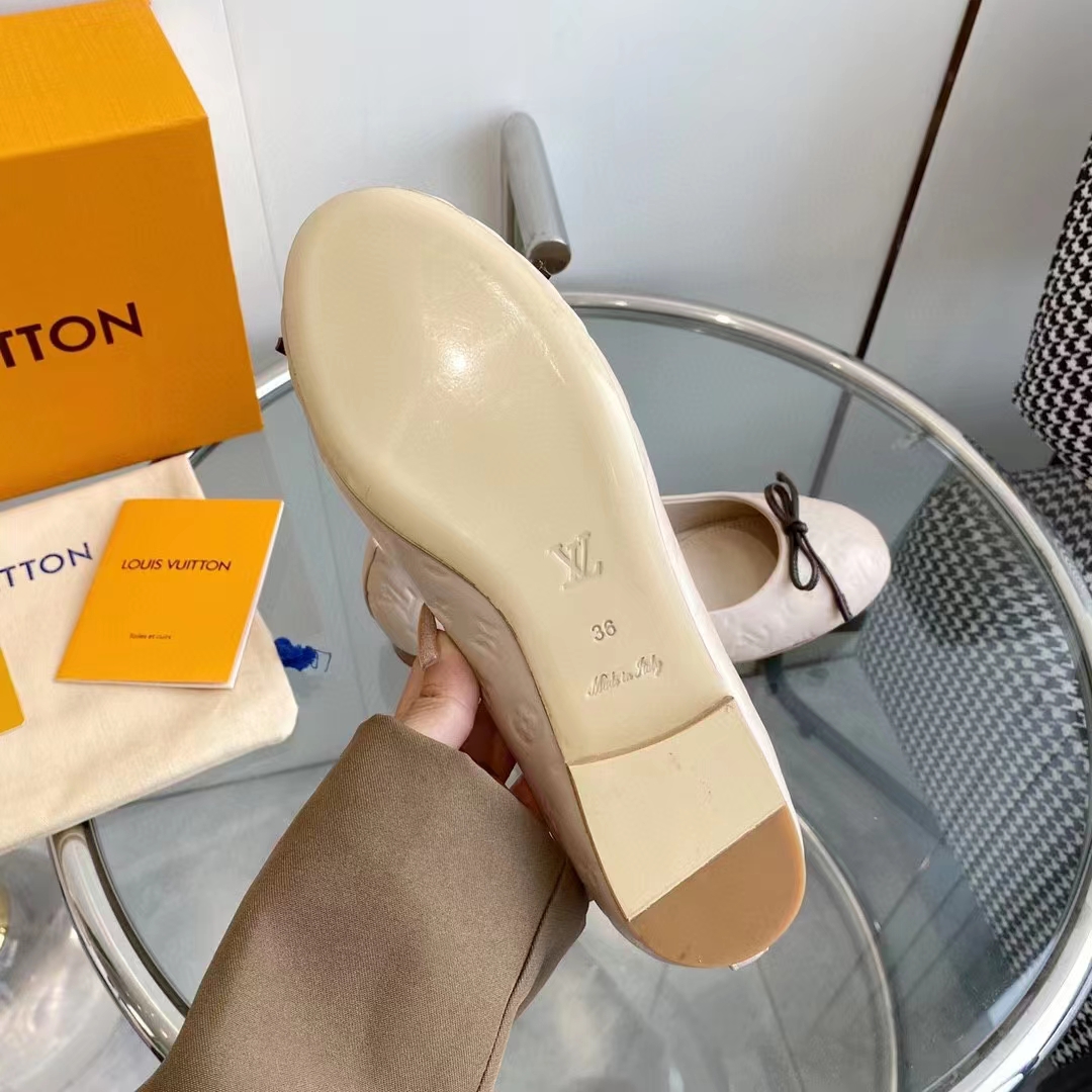 Louis Vuitton LV Women Nina Flat Ballerina Nude Pink Monogram Embossed Calf Leather Bow